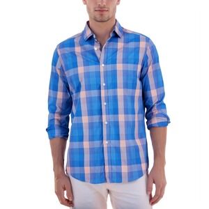 Club Room Shirt Mens Medium Blue/Pink Plaid Long Sleeve Button Up Nylon Stretch